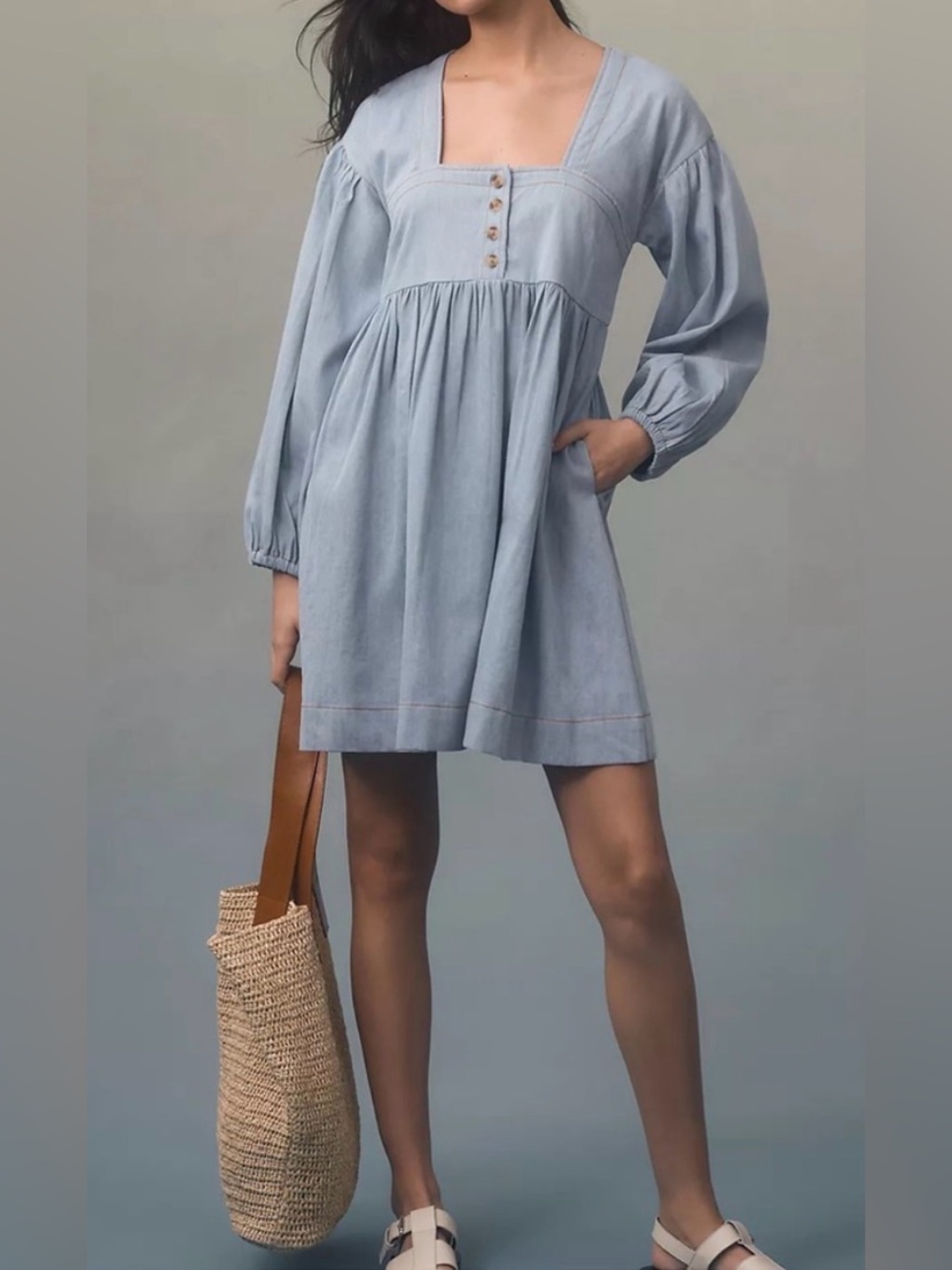 Anthropologie Long Sleeve Square-Neck Denim Babydoll Mini Dress XL